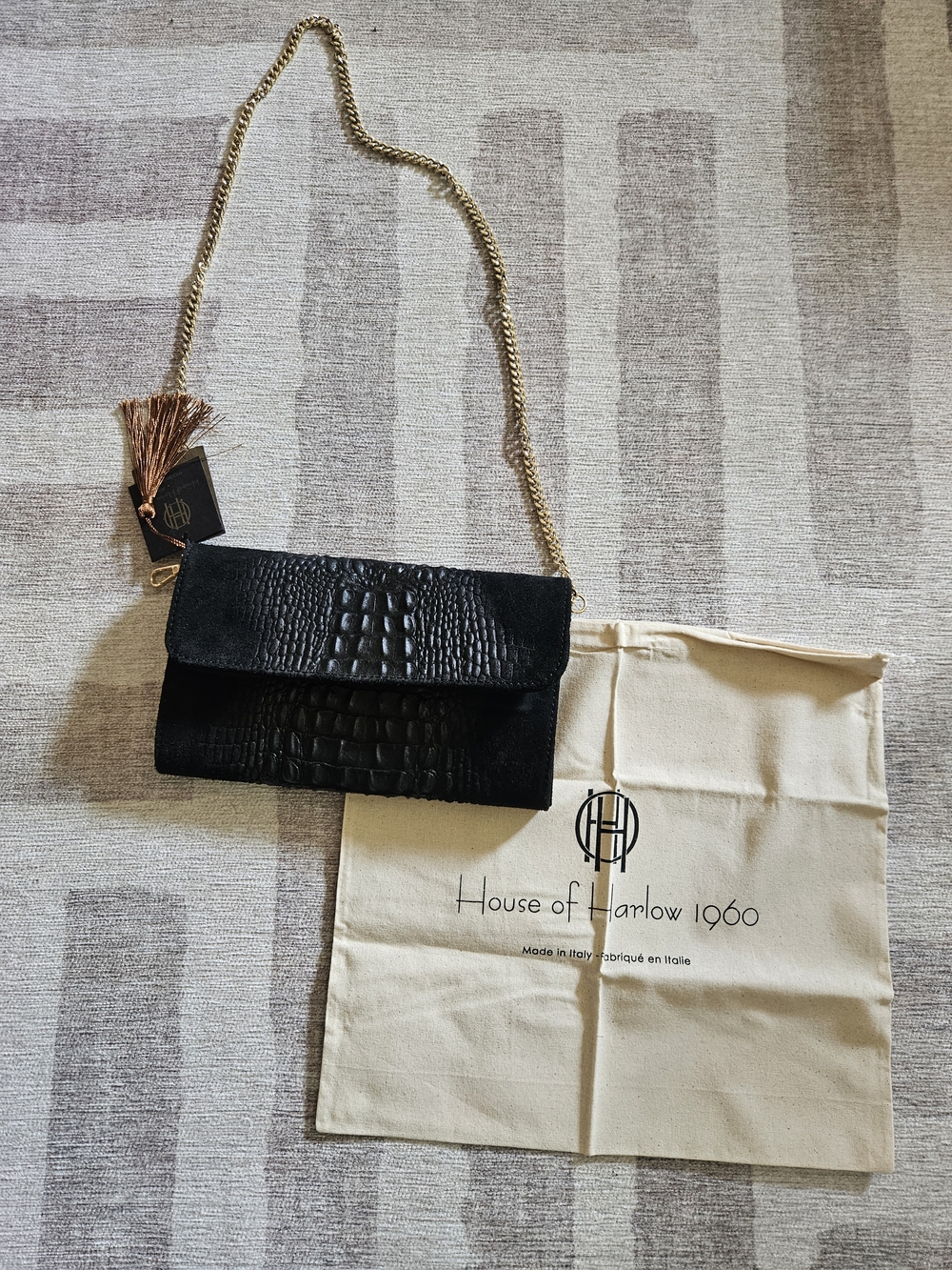 NEW House of Harlow 1960 Black 100% Real Italian Leather Croc Chain Clutch Purse - Picture 6 of 9